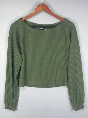 Tell Tale Top Womens Medium Green Pullover Shirt Cropped Boat Long Sleeve Casual